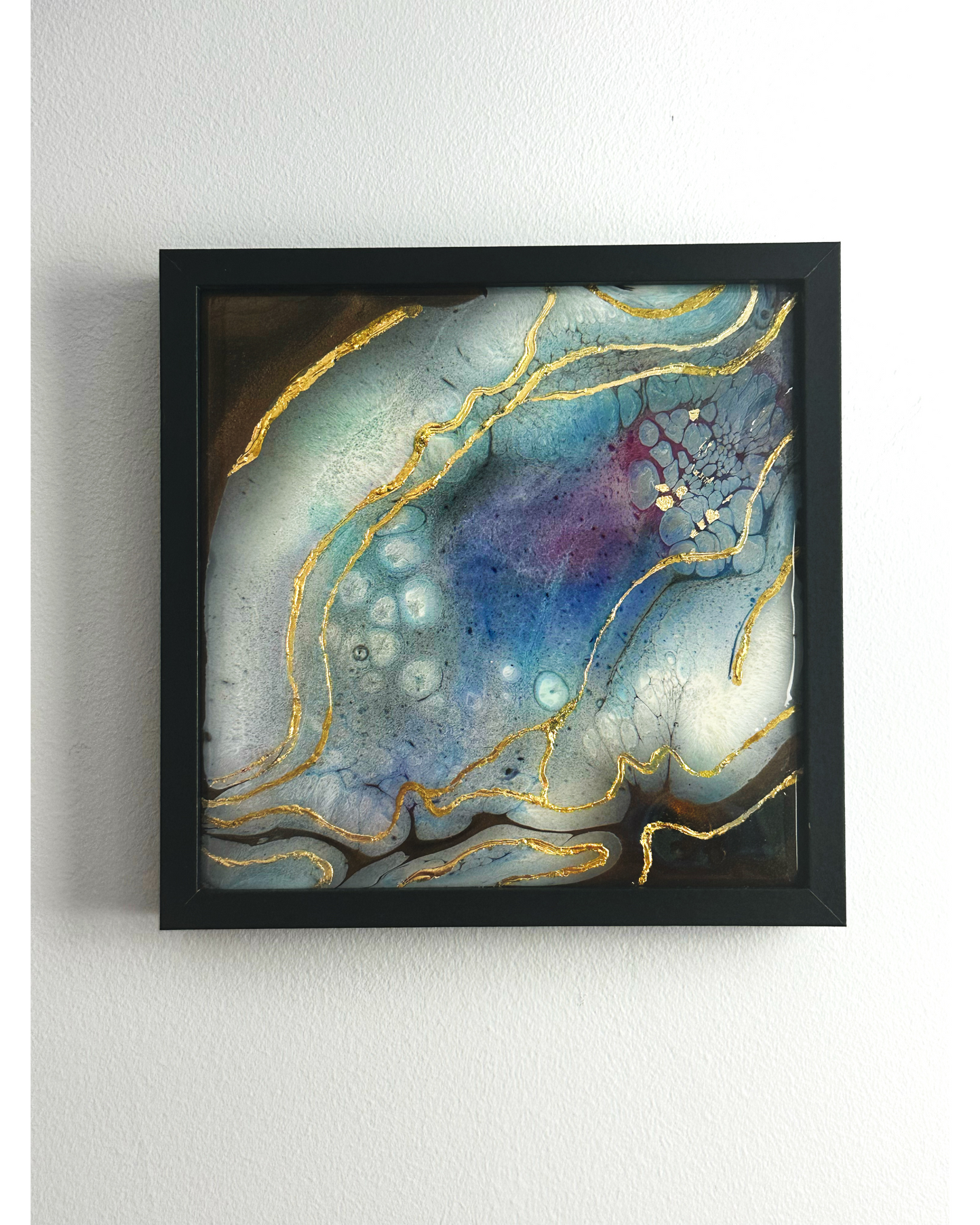 "Golden Currents IV", Original Abstract Epoxy Resin Painting, Framed Wall Art