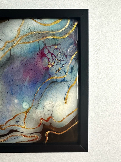 "Golden Currents IV", Original Abstract Epoxy Resin Painting, Framed Wall Art