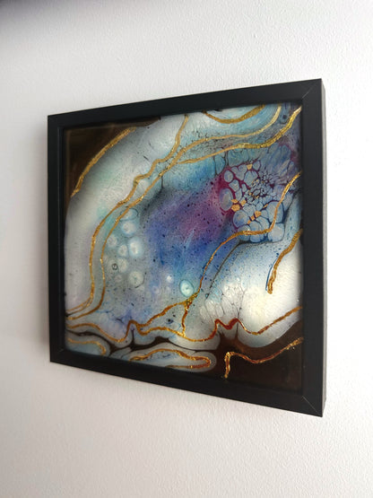 "Golden Currents IV", Original Abstract Epoxy Resin Painting, Framed Wall Art