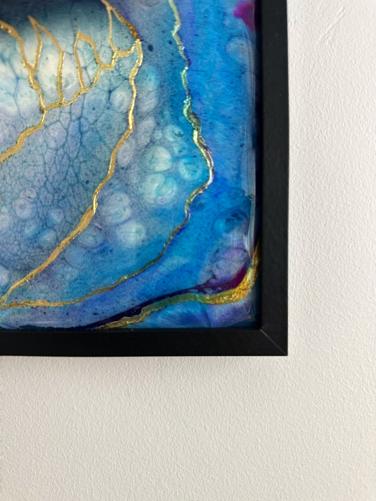 "Golden Currents III", Framed Epoxy Resin Abstract Artwork Painted On Ceramic Tile