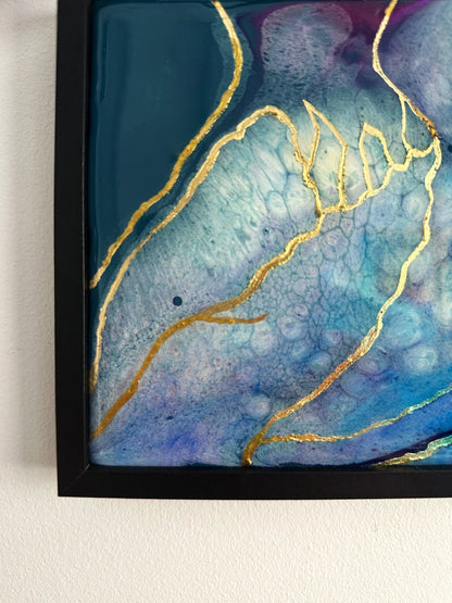 "Golden Currents III", Framed Epoxy Resin Abstract Artwork Painted On Ceramic Tile