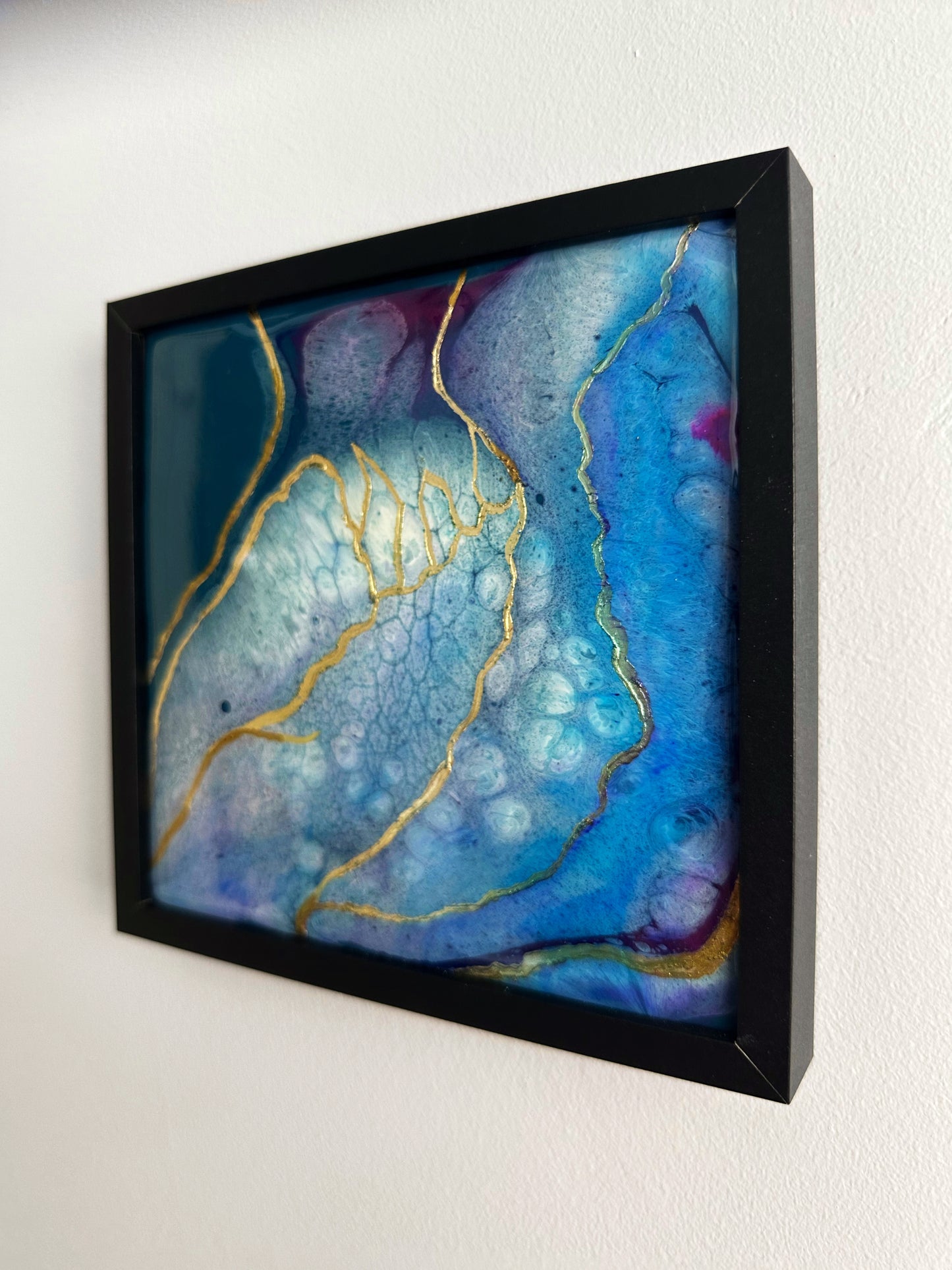 "Golden Currents III", Framed Epoxy Resin Abstract Artwork Painted On Ceramic Tile