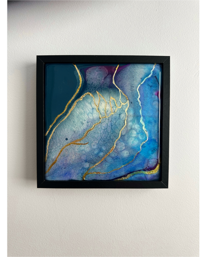 "Golden Currents III", Framed Epoxy Resin Abstract Artwork Painted On Ceramic Tile